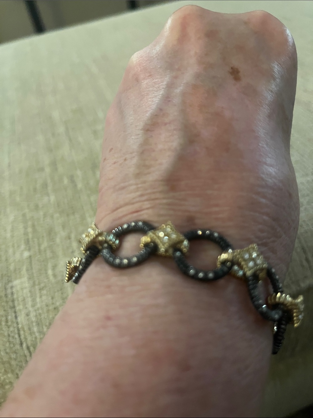 Gold and Black Link Bracelet with Crystal Accents Magnetic Clasp - Women Jewelry